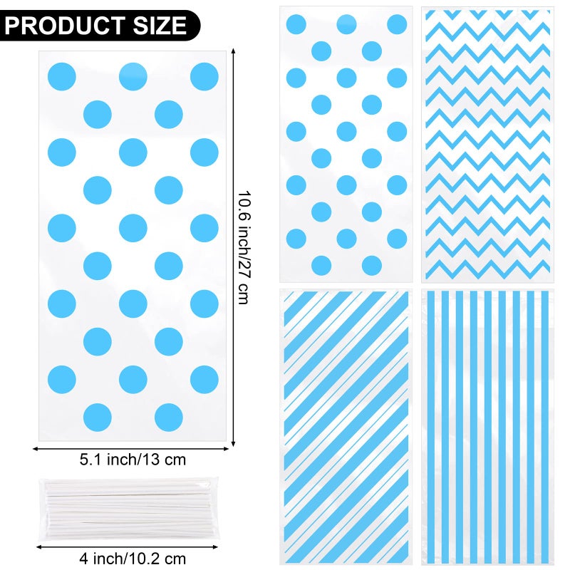 Aodaer 100 Pieces 10.6 x 5.1 In Blue Cellophane Bags Plastic Candy Bags Cellophane Treat Bag Polka Dot Stripes Printed Pattern Goodie Gift Bag with Twist Ties for Birthday  Baby Showers  Weddings Party Supplies - Image 2